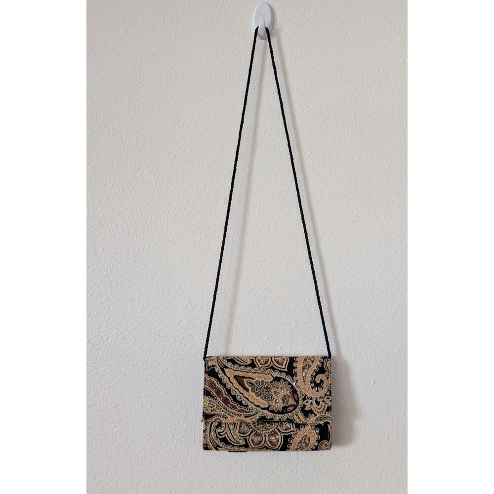 Paradox Paisley Beaded Sequin Evening Bag Cord Strap Flap Purse
